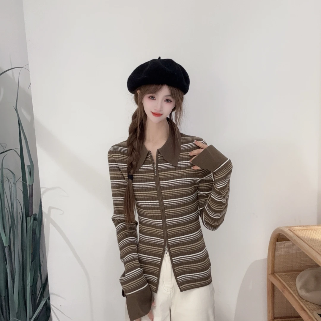 PC48250032新款复古条纹小众简约风时尚百搭修身显瘦长袖毛衣开衫