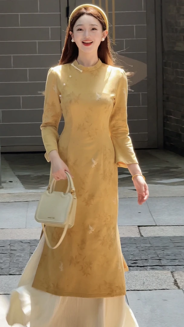 南溯集【琥珀】秋冬原创新中式旗袍九分袖麂皮绒印花新中式连衣裙