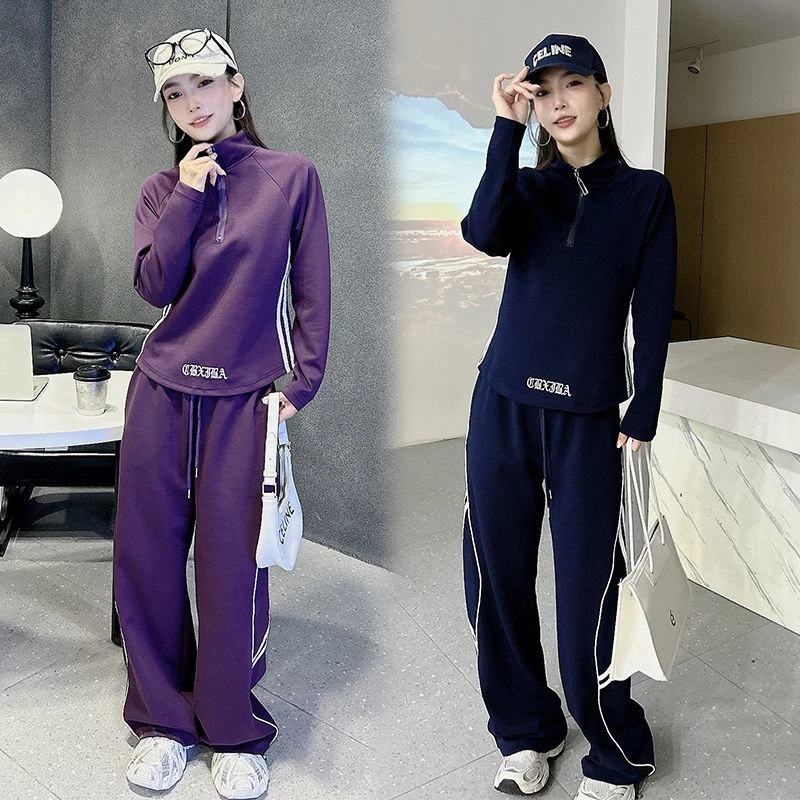 春秋季长袖半拉链立领卫衣长裤两件套女修身显瘦学生休闲洋气套装