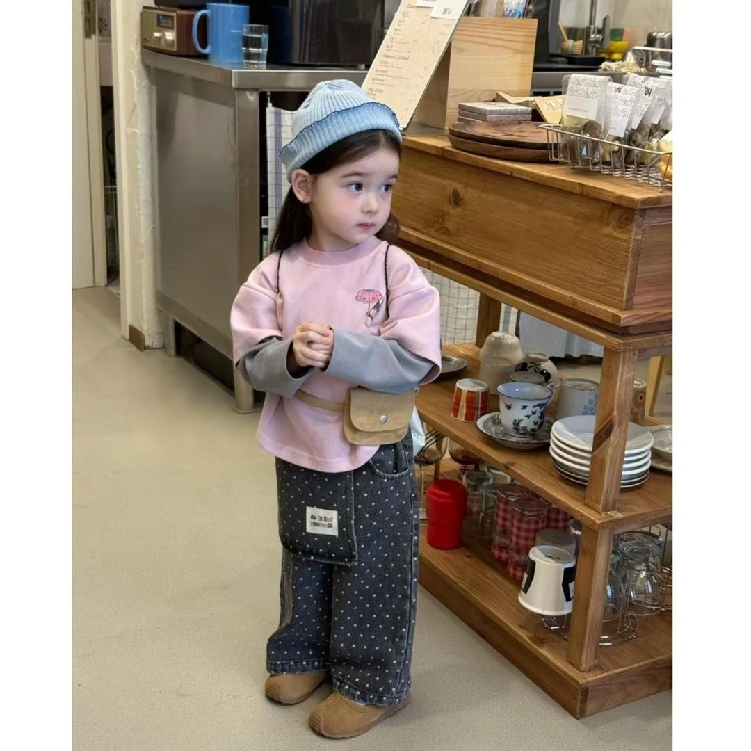 25儿童春秋新款粉色卡通上衣假两件库洛米波点屁帘裤韩系洋气套装