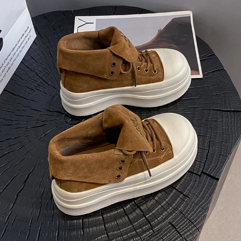 复古翻领系带松糕厚底高帮鞋女马丁靴2025新款小个子增高休闲单鞋