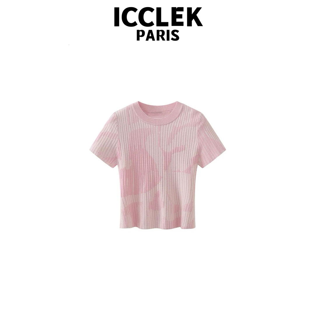 ICCLEK 粉色圆领撞色渐变短袖薄款针织衫 -5344