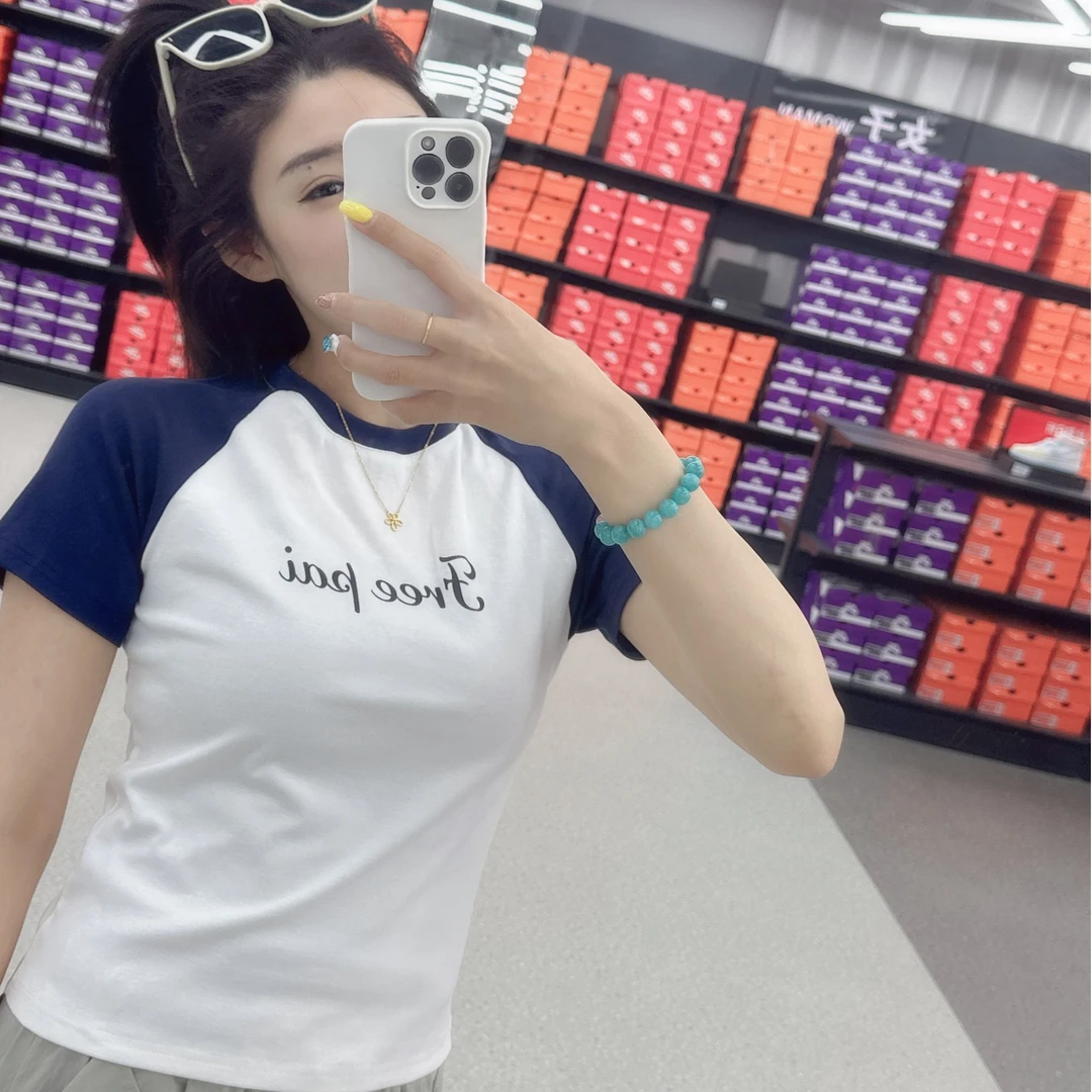Freepai丨字母印花潮流时尚撞色拼接短袖T恤女夏季百搭修身TX92