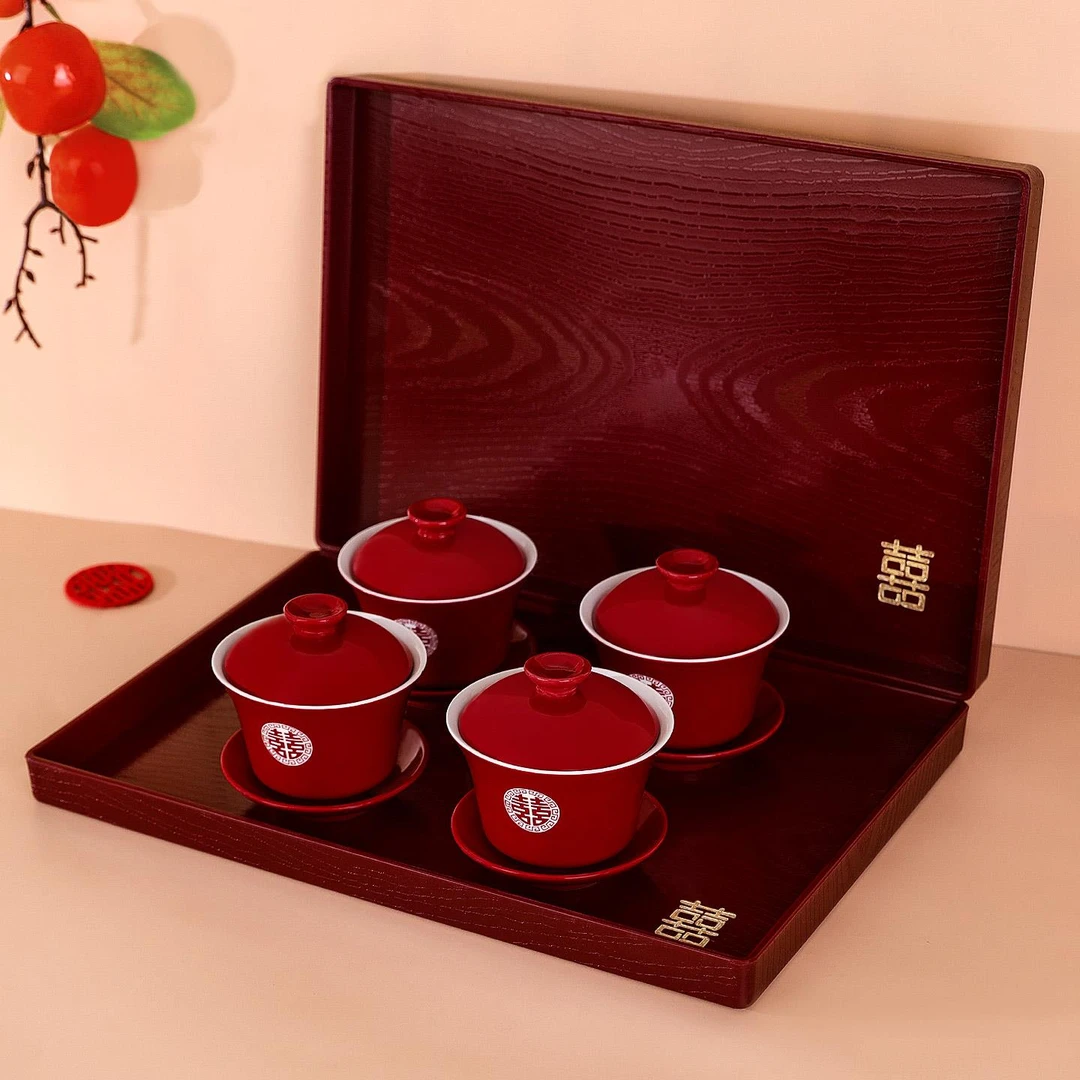 范哲萨敬茶杯结婚喜碗陪嫁碗筷茶具套组婚礼改口敬酒盖碗婚庆用品