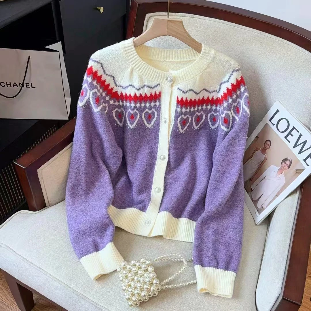复古费尔岛提花针织开衫女秋冬新款宽松显瘦小个子毛衣网红时尚