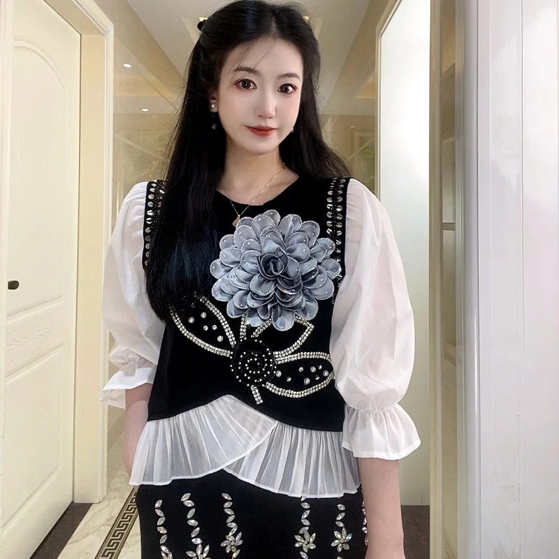 小众设计重工钉花黑色圆领拼接上衣2025春夏新款女装气质收腰显瘦