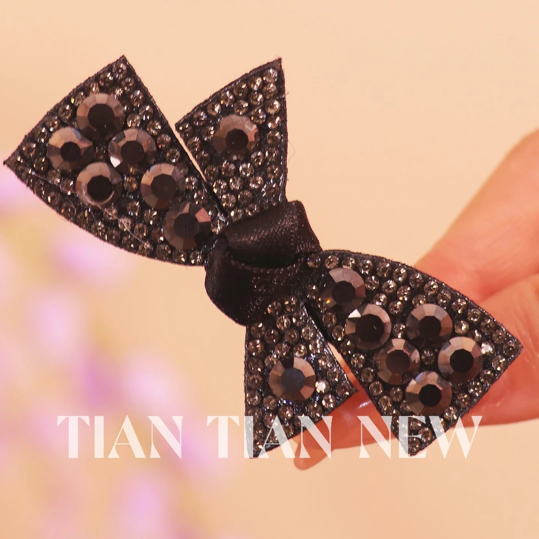 A095甜酷韩版发饰2025新款亮黑水钻蝴蝶结边夹发夹时尚碎发鸭嘴夹