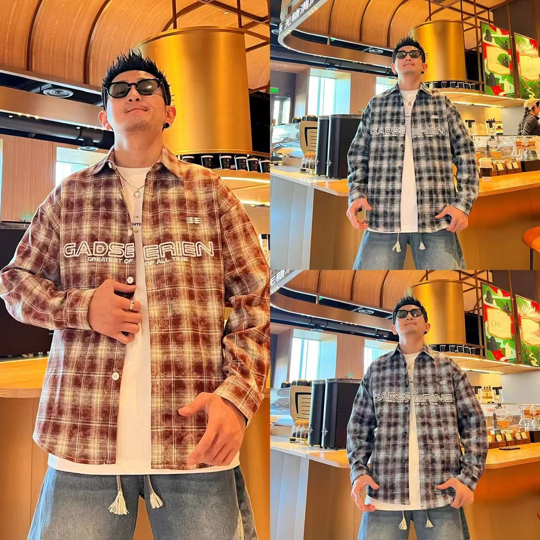 美式潮流复古格子扎染小众设计撞色字母时尚百搭翻领男士长袖衬衫