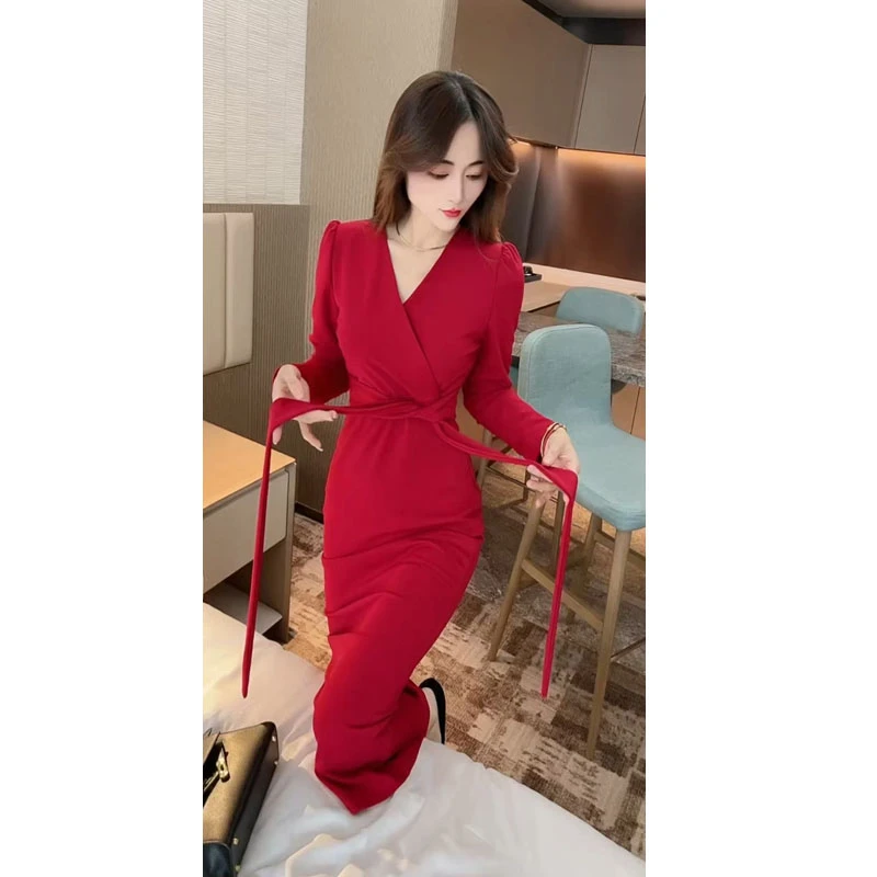 名媛风气质洋气交叉V领系带鱼尾裙女中长款显瘦裙子潮