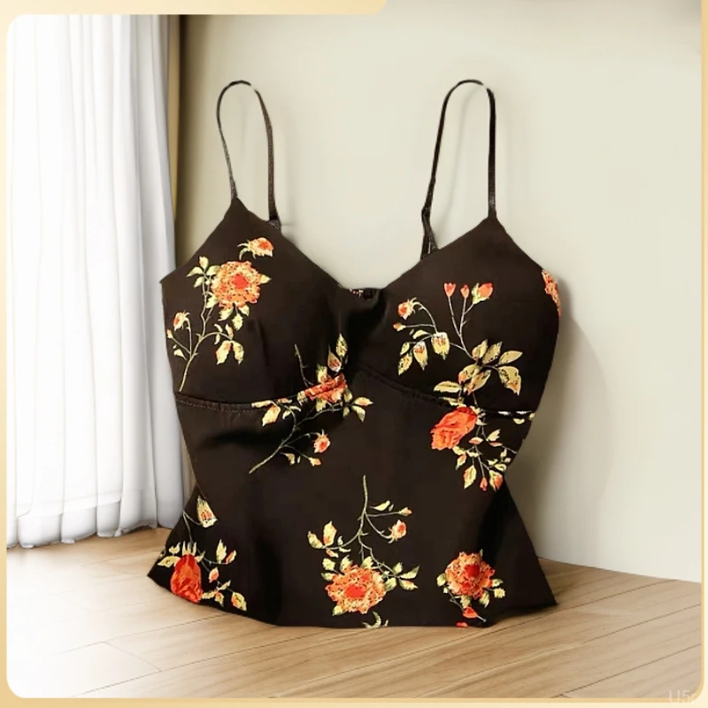 文胸多巴胺吊带外穿带胸垫修身碎花上衣吊带背心打底一体显瘦美背