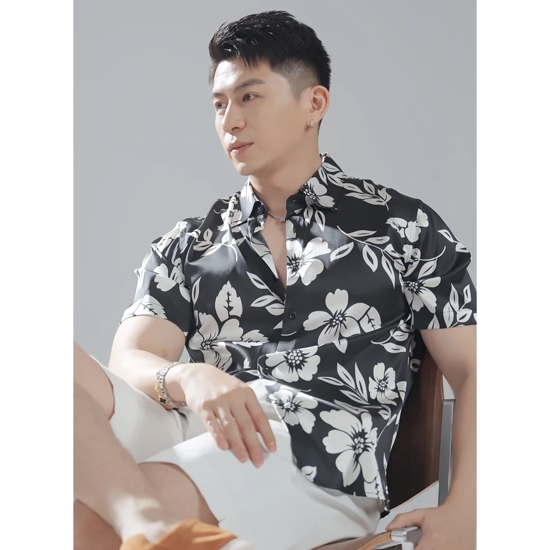 言吉男装高端新品休闲真丝衬衫夏季新款时尚桑蚕丝衬衣YJ562