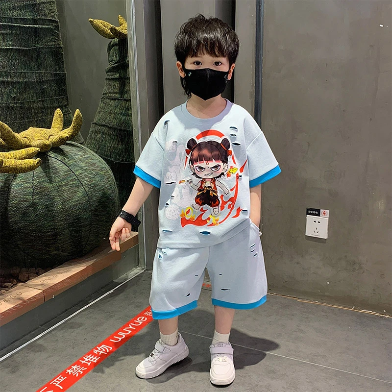 男童夏装哪咤套装2025新款帅气儿童夏季短袖男孩休闲运动宝宝衣服