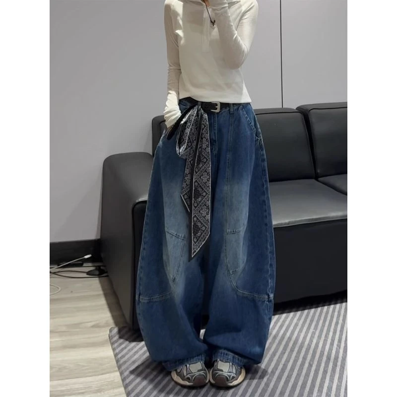 复古高街水洗弯刀牛仔裤男女秋季新款设计感时髦宽松阔腿帅气长裤