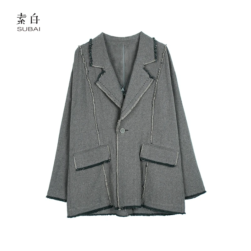 素白【素影】时尚慵懒风亚麻毛边休闲设计感西装外套SB2408XZ00250
