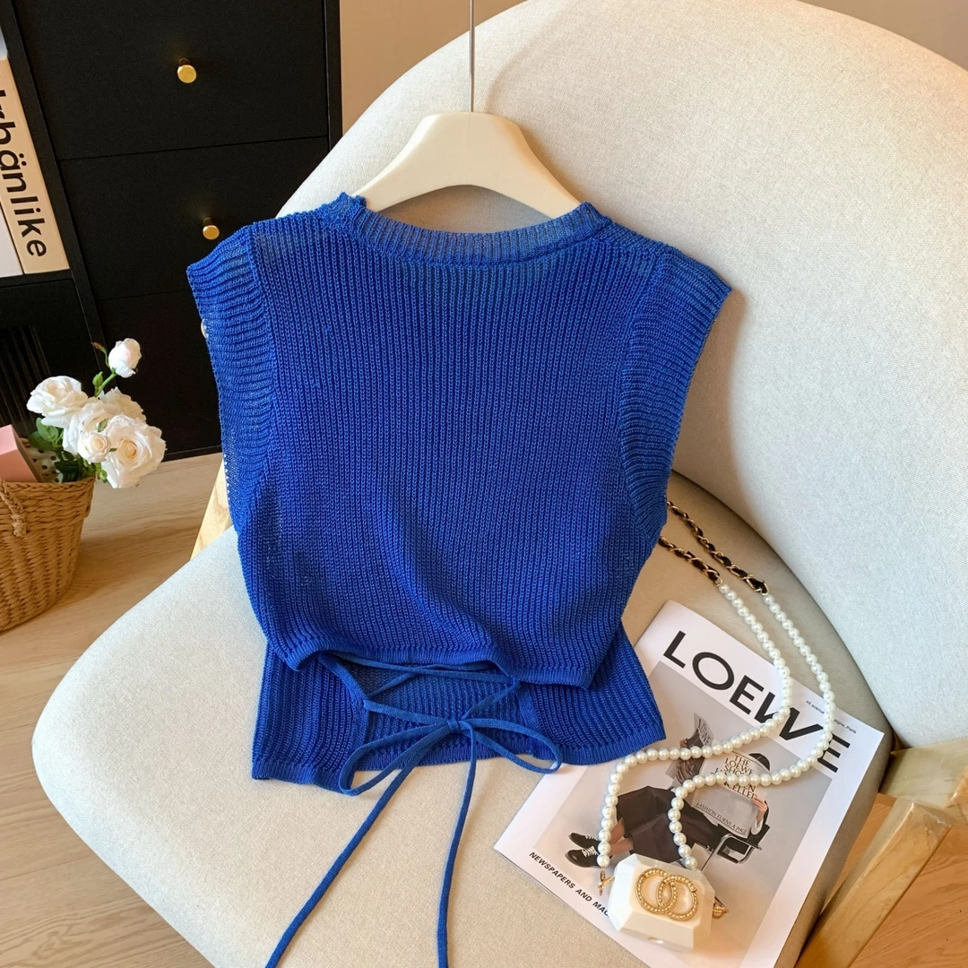 复古蓝色收腰针织T恤女2025夏季新款薄款设计感后背绑带短款上衣