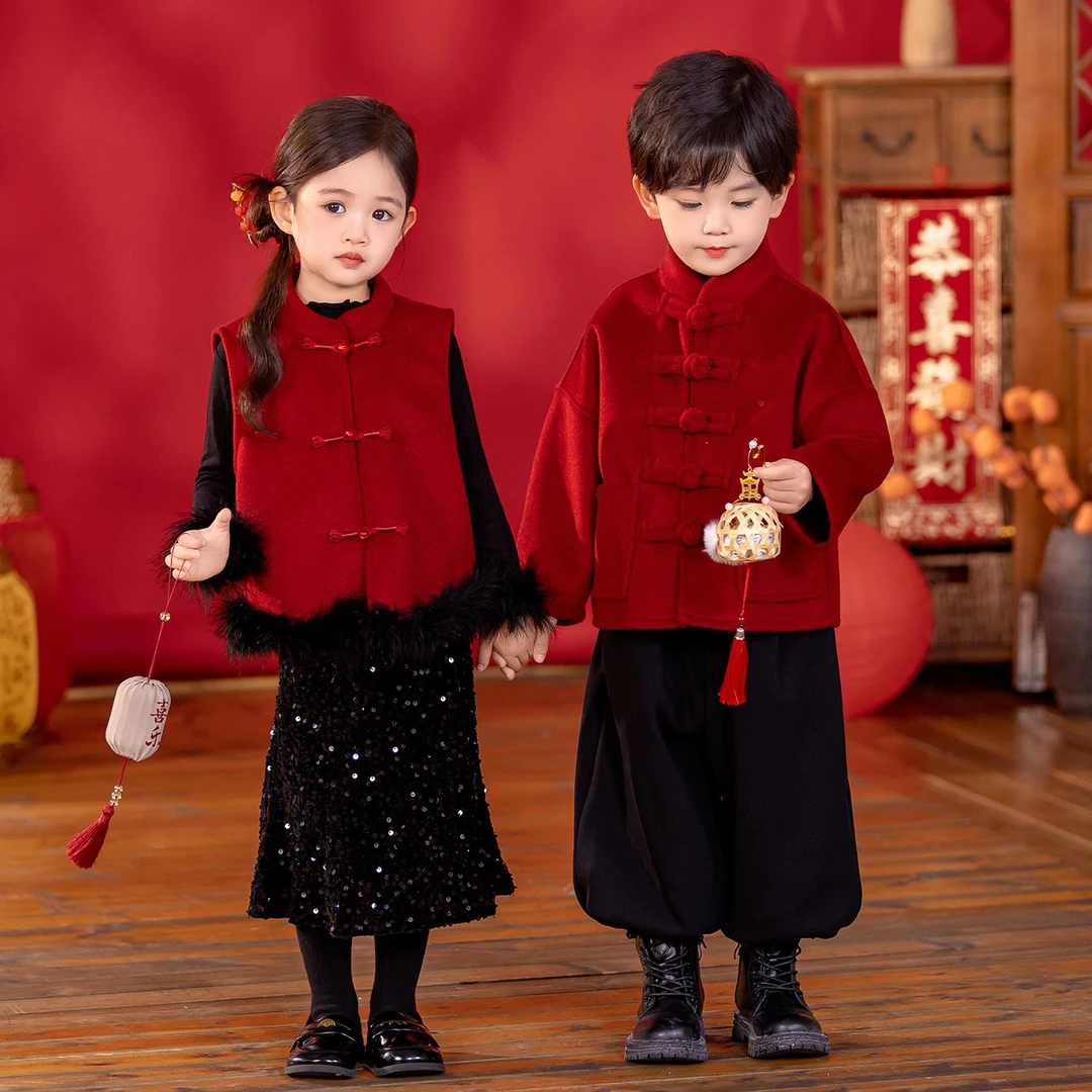 奥莱【专柜正品】儿童兄妹装古风加绒年服演出服男女宝宝幼儿园喜庆