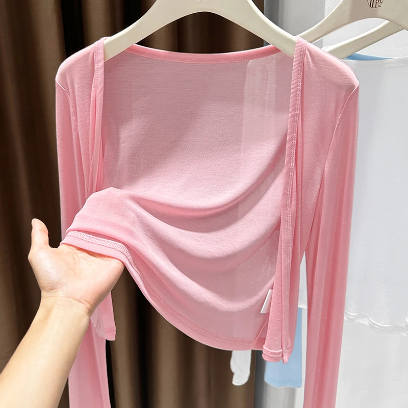 粉色透视针织短外套开衫夏季配吊带裙外搭长袖防晒罩衫薄款空调衫