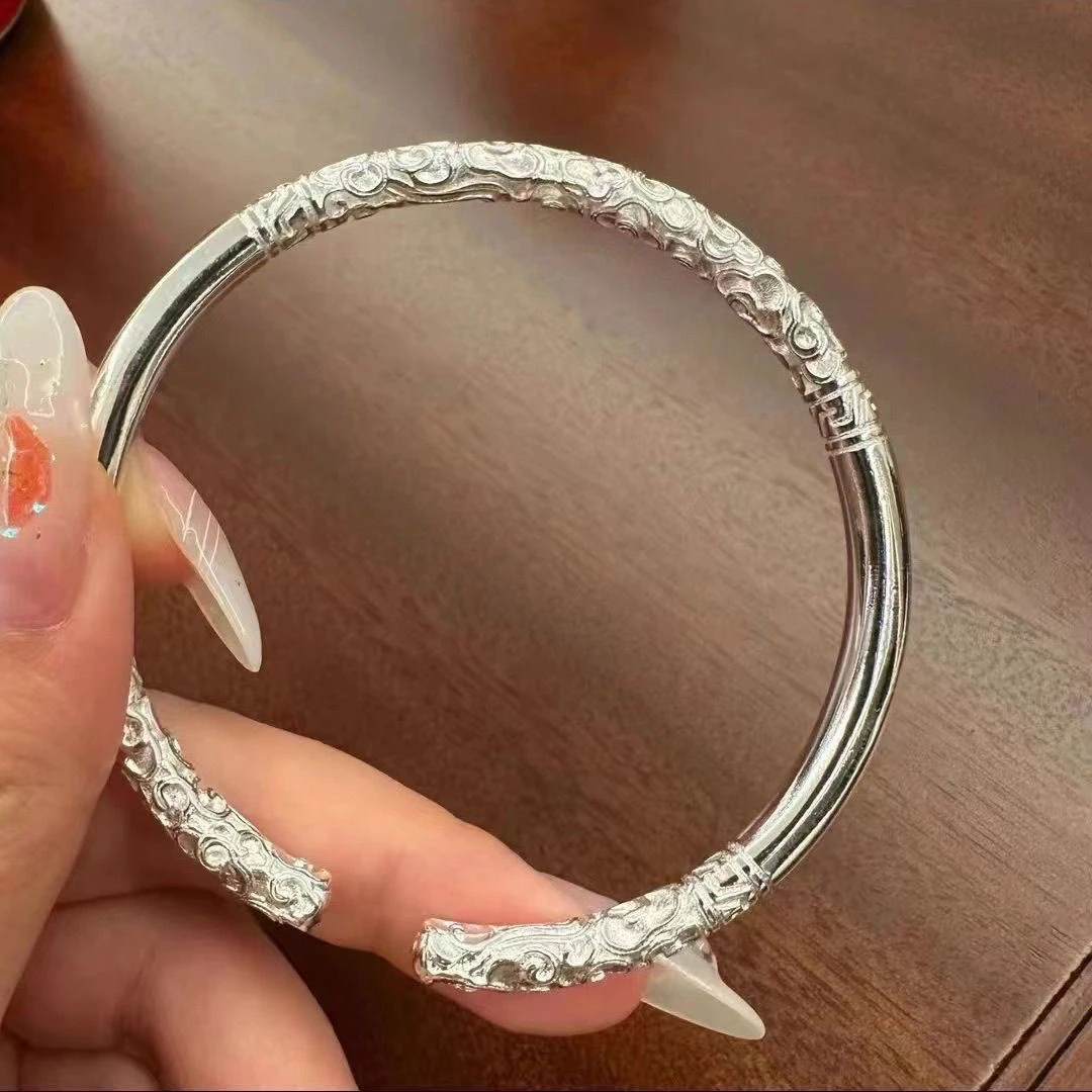 足银手镯 足银手镯 金箍棒祥云纹雕花开口0213