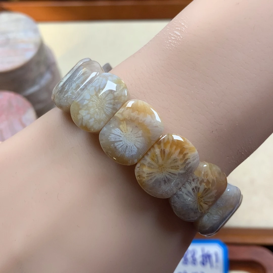 未镶嵌大花手排漏150/个。17硅化珊瑚（珊瑚玉）