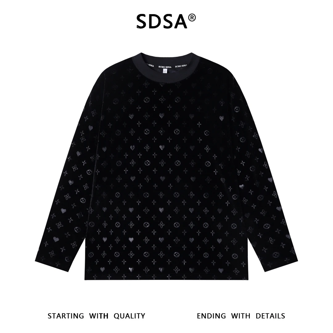 SDSA男士秋冬新款痞帅男装植绒刺绣十字爱心圆领长袖T恤百搭时尚