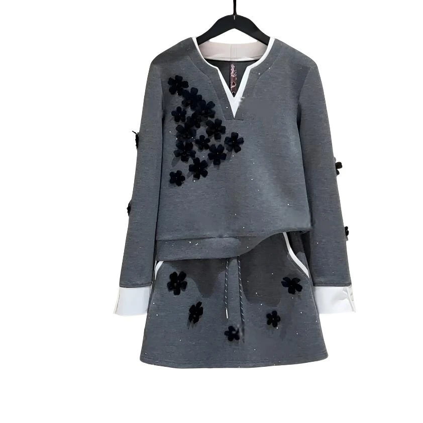 秋冬新款时尚灰色领结气质洋气半身裙套装