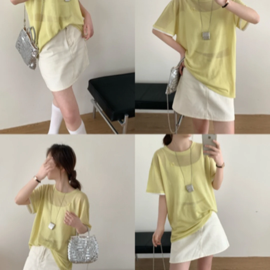 YZY2025夏季新款时尚圆领假两件半袖刺绣笑脸短袖针织衫T恤宽松