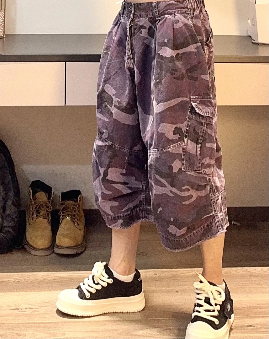 迷彩水洗磨破工装口袋短裤七分裤松紧抽绳纯棉时尚百搭5556