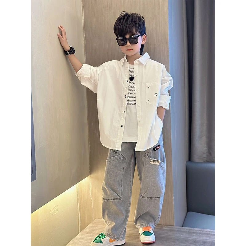 男童2025新款简约痞帅数字绣花白衬衫中大童帅气纯色潮流长袖打底