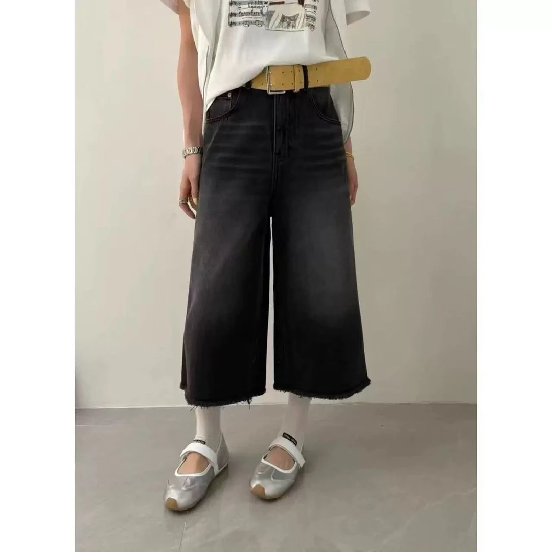 D8111时尚高腰裤脚毛边宽松百搭牛仔裤休闲裤