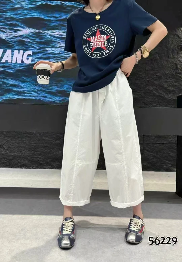 宽松阔腿裤夏季薄款休闲拼接九分哈伦裤洋气百搭