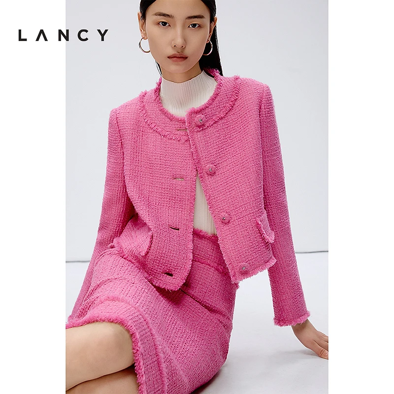 LANCY/朗姿2025年春新款法式小香风玫粉色圆领短款外套女气质上衣