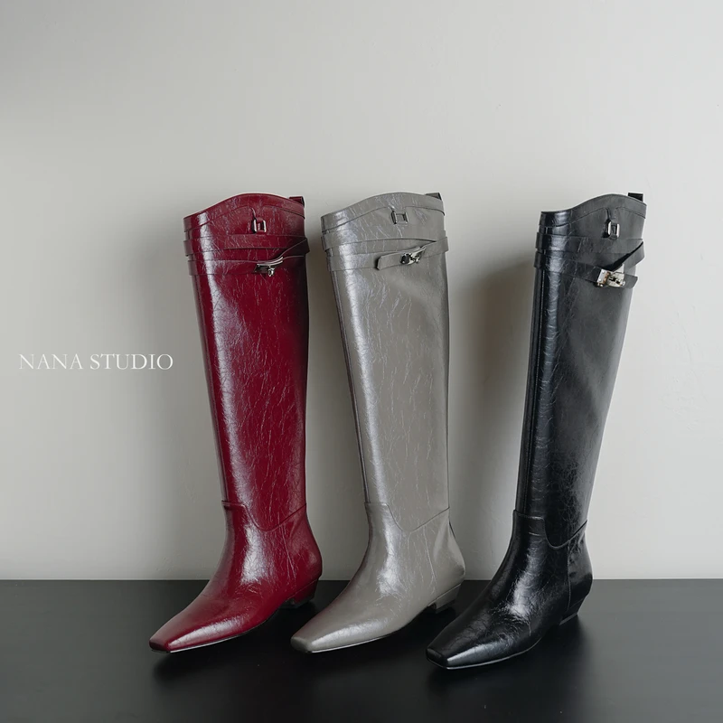 跟高5cm/34-39/百搭显瘦新款时尚凯利扣中跟隐藏内增高长靴女