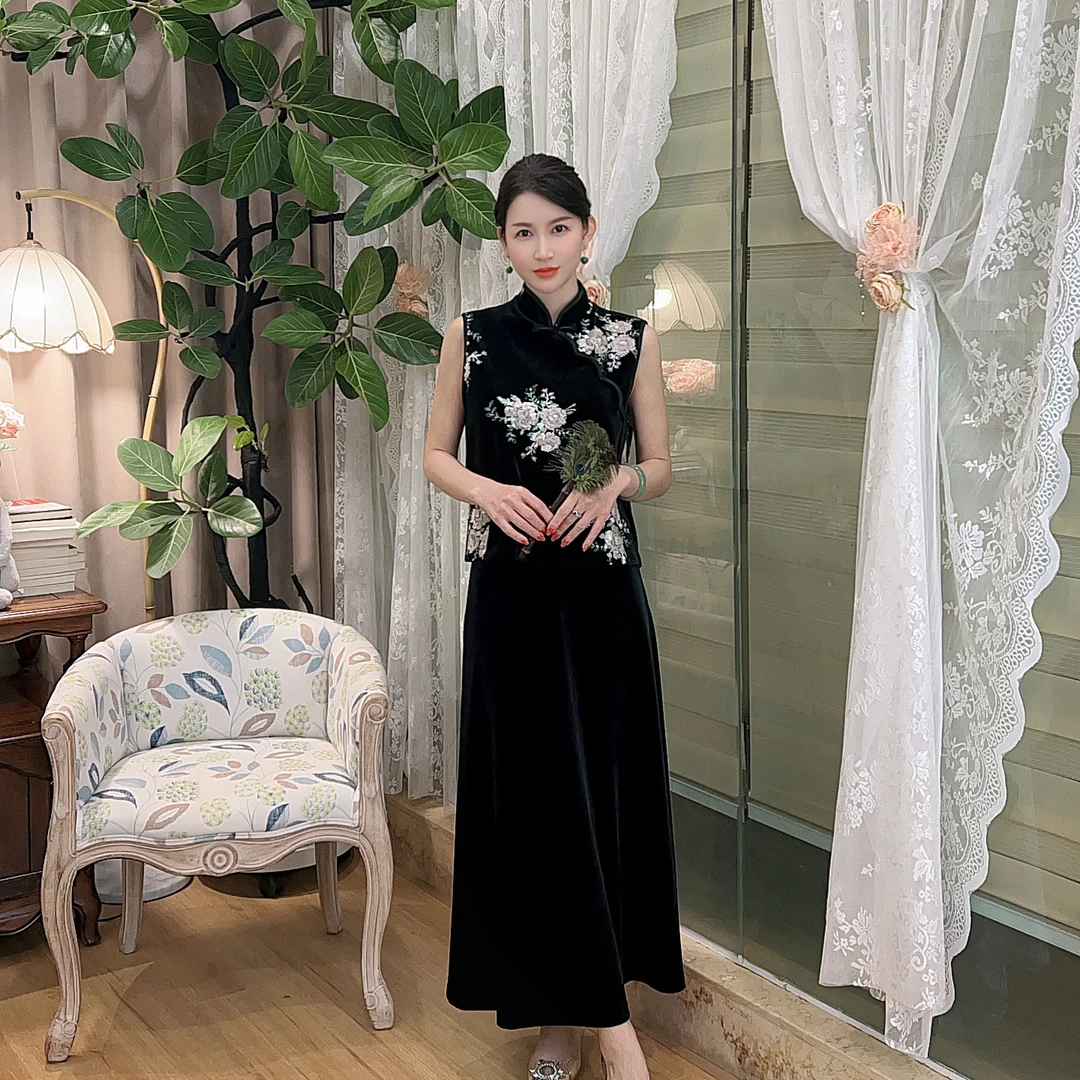 【月下茶花】AN253 安妮老板 国风气质重工软亮片马甲短外套