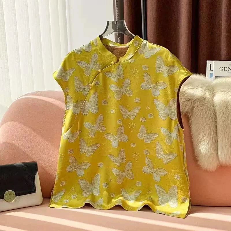 欧货高级感立领斜襟蝴蝶印花黄色小衫女夏季新款国风气质上衣