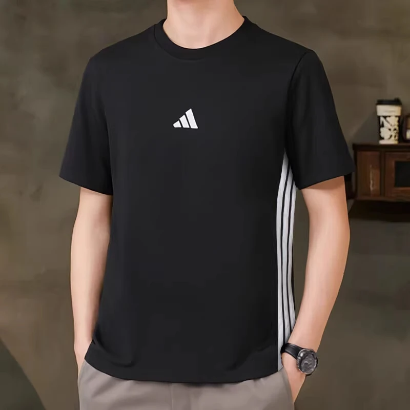 阿迪达斯纯棉短袖男夏季新款T三条杠运动服黑色圆领上衣跑步体恤