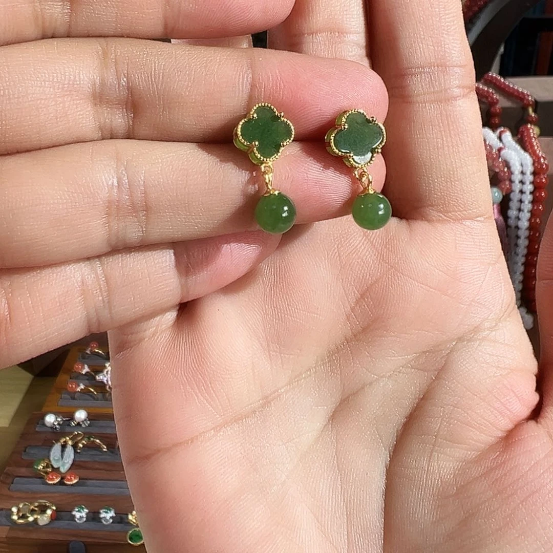 和田玉耳饰银S925镶嵌