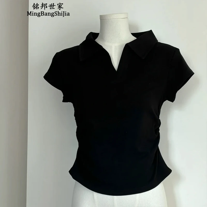 【铭邦世家】新款百搭显瘦v领褶皱收腰t恤正肩设计感不规则短款上衣