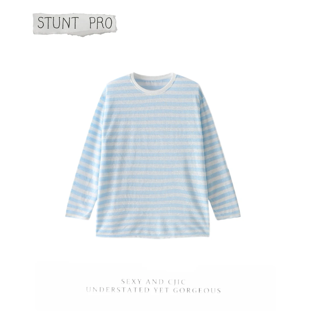 落肩条纹麻感长袖T恤1617