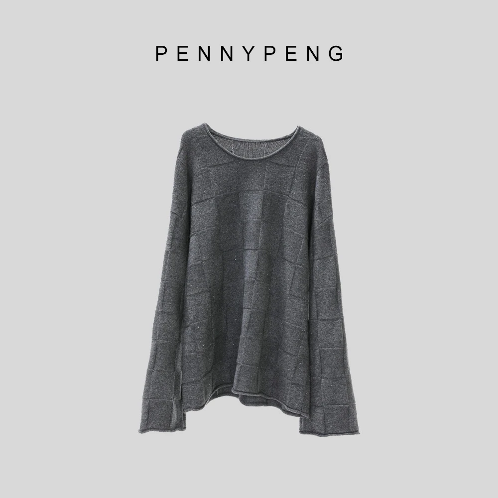 PENNYPENG黑板报早春气质时尚休闲百搭深灰色气质圆领羊毛套头衫