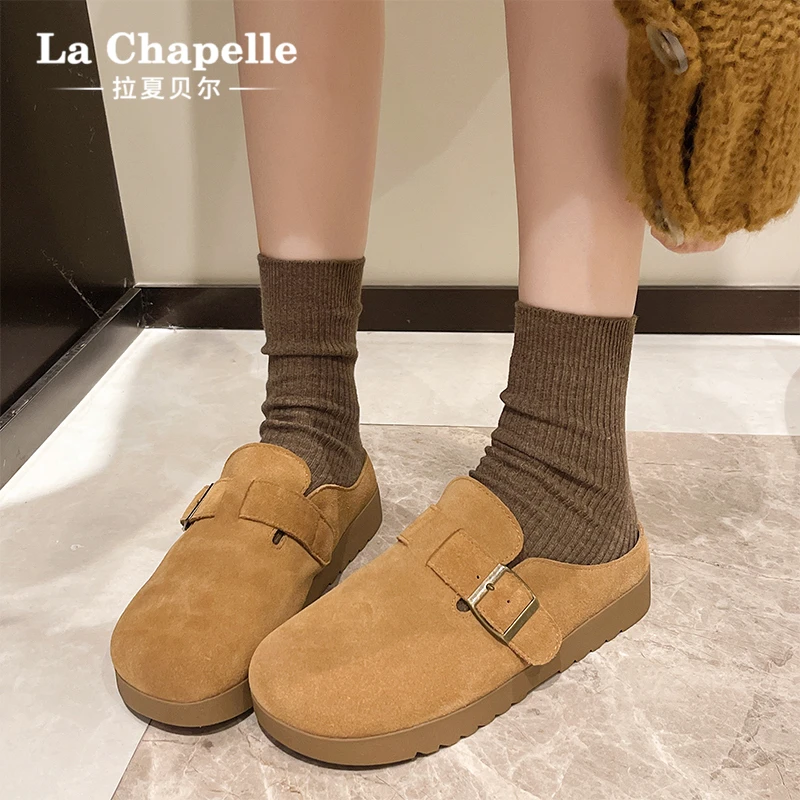 拉夏贝尔勃肯鞋女2025年冬季新款真皮复古棕包头半拖鞋百搭单鞋子