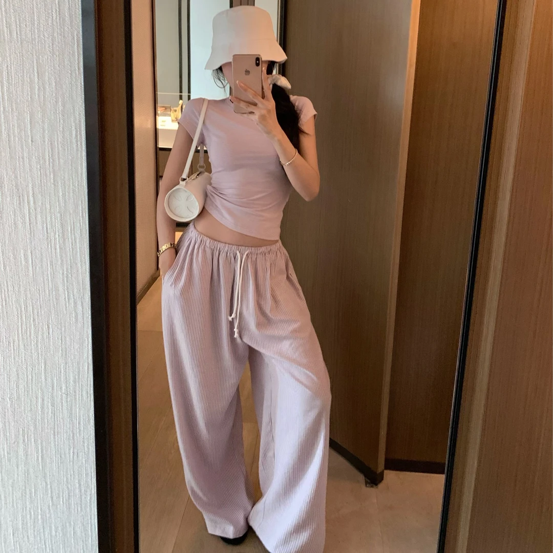休闲阔腿裤慵懒风千金风时尚套装修身显瘦条纹短袖t恤上衣运动裤
