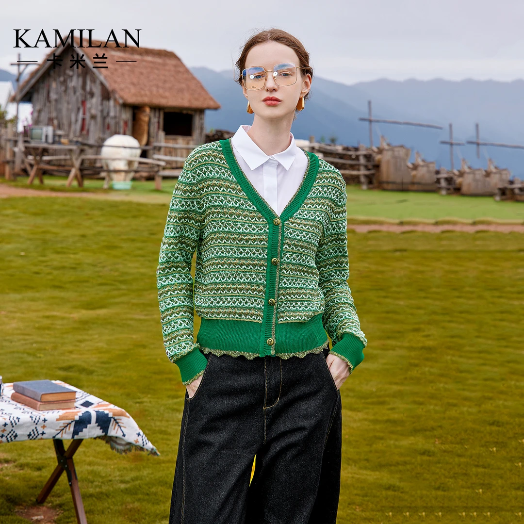 卡米兰长袖女士毛针织衫2025新款秋天穿搭减龄设计感外搭开衫上衣