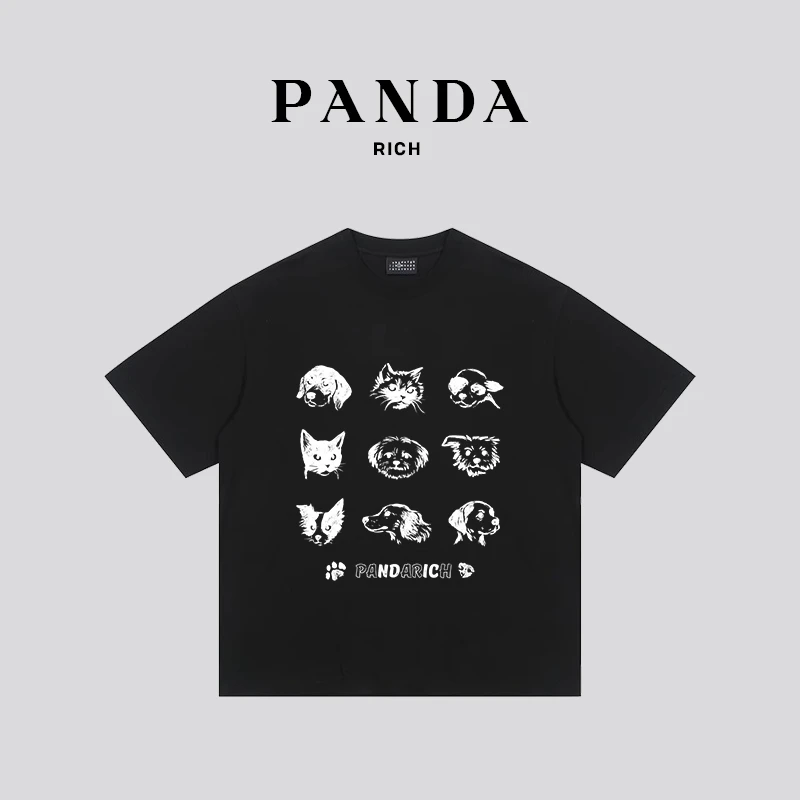 PANDARICH萌宠印花情侣T恤高级感休闲短袖男T恤纯棉黑色卡通ins