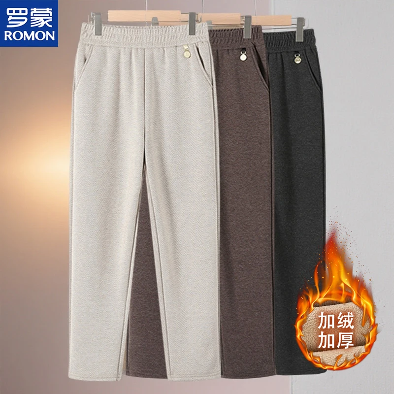 罗蒙中老年外穿直筒休闲裤妈妈装冬季时尚棉裤冬装加绒加厚长裤女