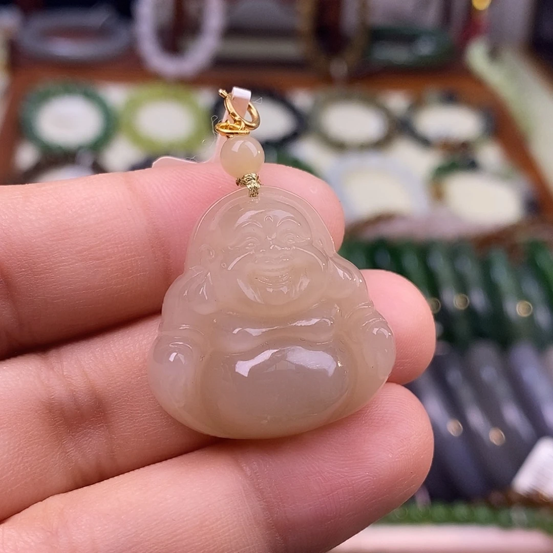 颈饰未镶嵌和田玉熟藕粉脂膏级老料红粉佛公吊坠