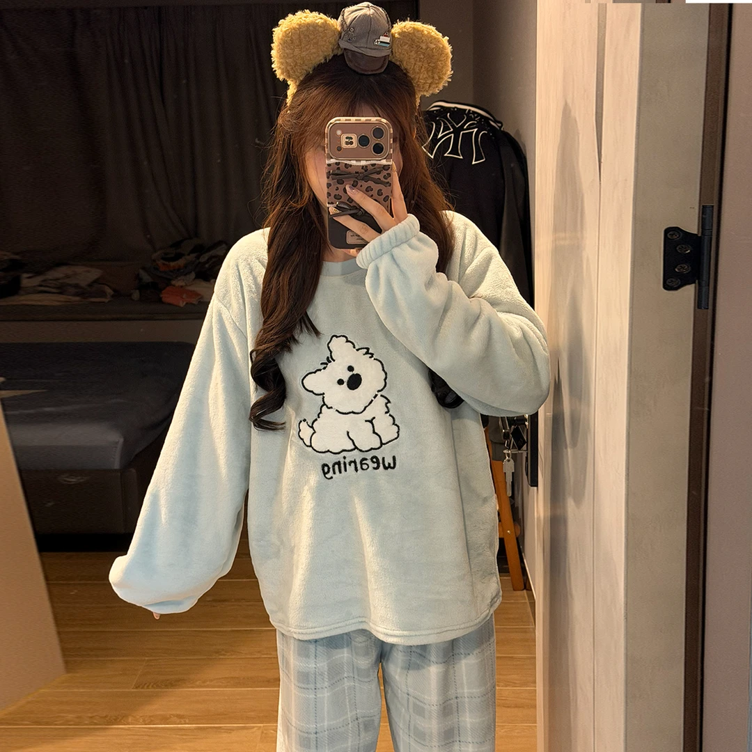 珊瑚绒睡衣女秋冬季加厚保暖可外穿法兰绒小狗家居服大码冬天套装