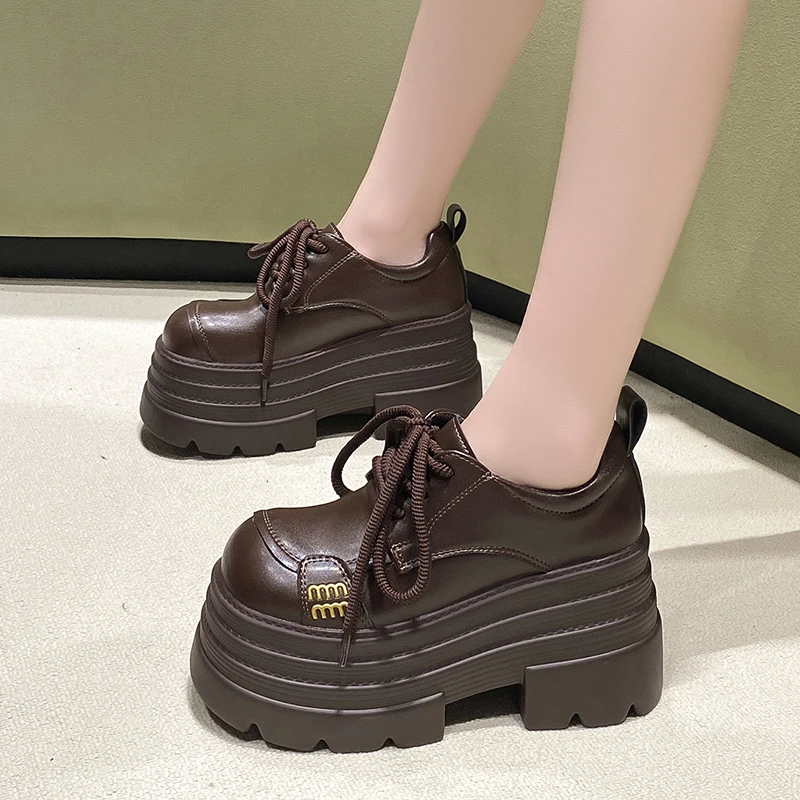 棕色复古乐福鞋女2025新款春季百搭厚底小皮鞋女高跟休闲松糕单鞋