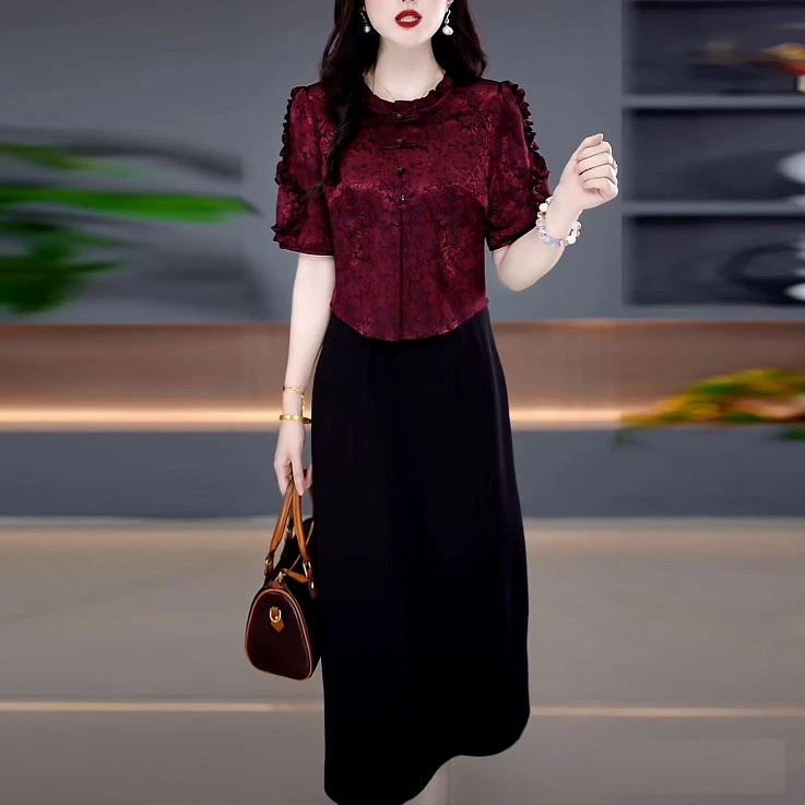 贡缎提花新中式气质假两件连衣裙2025夏季新款修身遮肉洋气裙子女