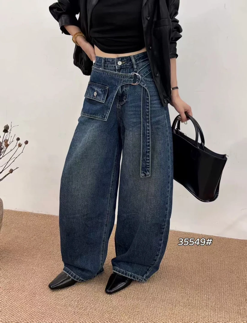 秋季复古洋气高腰宽松百搭假两件阔腿弯刀牛仔裤女款