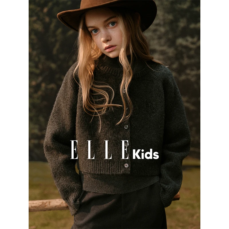 ELLE KIDS童装 猫咪刺绣毛衣开衫女儿童秋季复古格雷系针织衫Q4